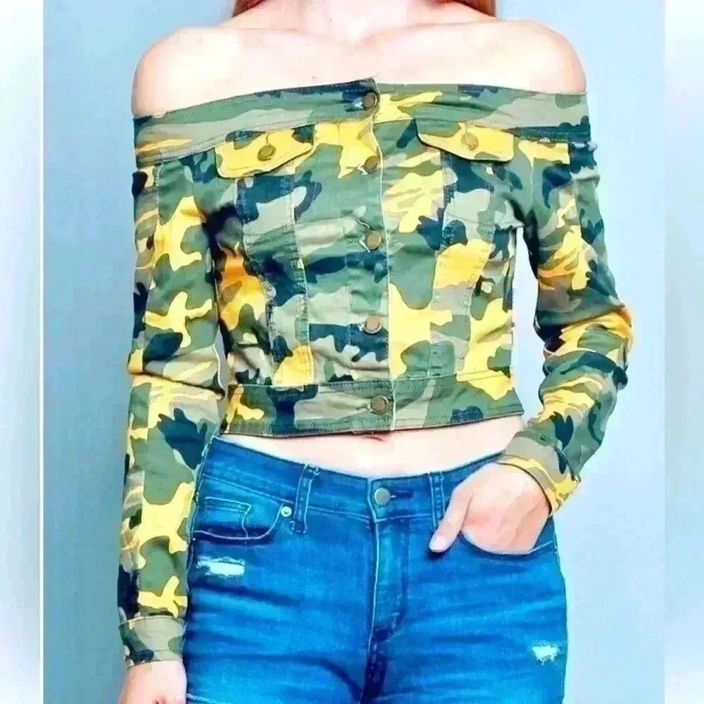 NWT American Bazi Women's Denim Camo Off the Shoulder Grunge Size S Streetware